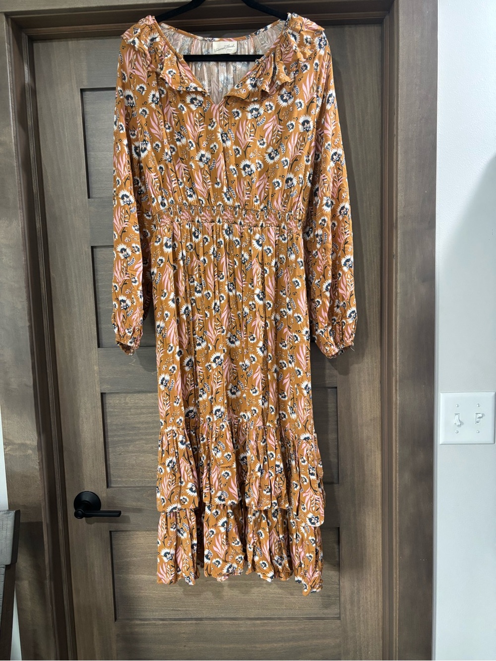 Universal Thread Floral Pleated Tan Midi Dress with Pink and Blue Accents